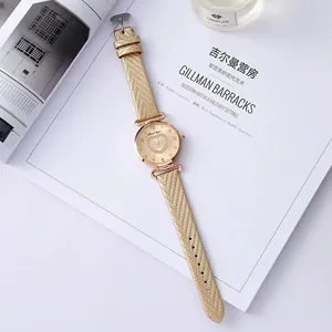 Elegant champagne gold quartz watch with a diamond heart dial on a lifestyle magazine background