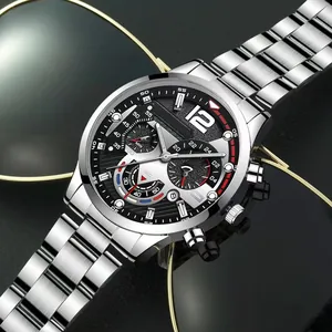 Men's business quartz watch with steel strap, black dial, luminous hands and chronograph