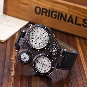 Oulm Herren-Lederuhr mit Doppelwerk, Thermometer und Kompass auf Vintage-Holz