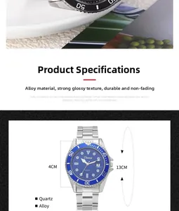 Detail view of quartz watch showing 4cm blue dial, date window, and alloy steel strap size