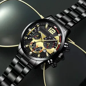 Detail view of business quartz watch with black gold dial and brushed steel strap