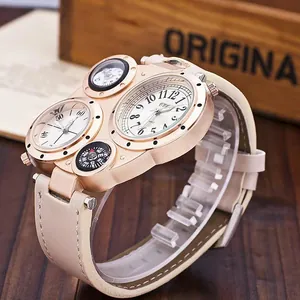 Herren Sportuhr mit Dual-Uhrwerk, Thermometer, Kompass und Lederarmband in Roségold-Gehäuse