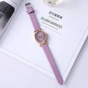 Elegant purple leather watch for women with rose gold case and diamond heart dial