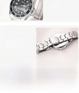 Detailed view of the steel watch case back and solid three-link metal wristband