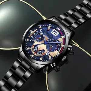 Business men's quartz watch with blue textured dial and silver steel band