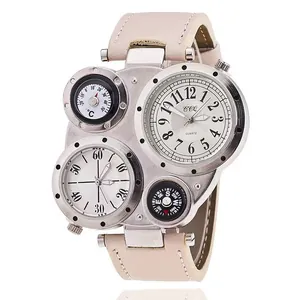 Quarzuhr mit zwei Uhrwerken, Kompass, Thermometer und cremefarbenem Lederarmband