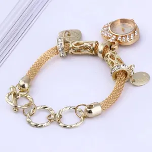Women's gold mesh bracelet watch with Roman numeral dial, rhinestone bezel, and Happy charm