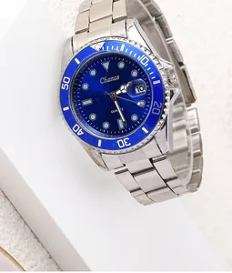 Men's business quartz watch with blue sunray dial and stainless steel strap on a pedestal