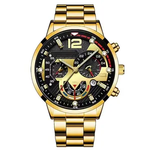 Detailed macro shot of gold stainless steel business watch with textured black dial