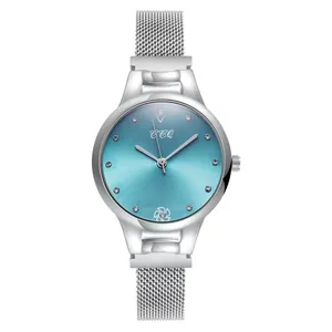 Montre Quartz Femme avec Strass Bracelet Mailles Alliage Minimaliste Cadran Solaire Montre Analogique Cadeau