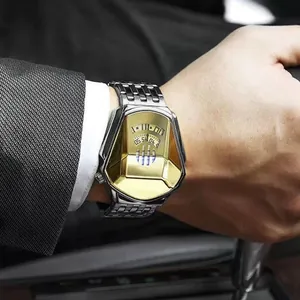 Men's fashion watch with shield-shaped gold dial and silver steel band on wrist