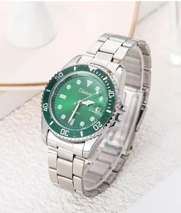 Men's business quartz watch with green dial and stainless steel silver band