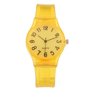 Translucent yellow silicone quartz watch with black numerals and sport casual design