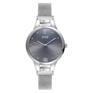 Montre minimaliste pour femme en maille argentée avec cadran gris et index en strass