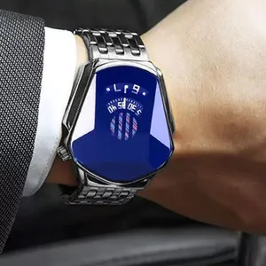 Men's fashion quartz watch with hexagonal steel case, blue mirror, and mesh band