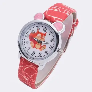 Cute Cartoon Squirrel Kids Watch For Girls Pink Ears Alloy Case Faux Leather Printed Strap Student Analog Quartz Watch