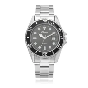 Chance men's quartz watch with steel band, grey dial, and date display on white background