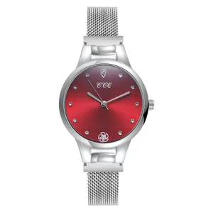 Montre élégante avec bracelet en maille argentée, cadran rouge foncé et strass