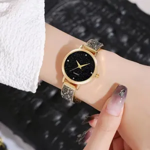 Starry sky dial quartz watch with gold metal strap and marble glitter texture for women