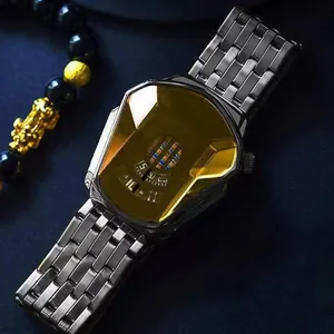 Detail of the unique multifaceted gold-toned crystal and black steel link watch band
