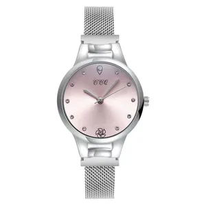 Montre quartz femme élégante avec bracelet maille argenté et cadran rose strass
