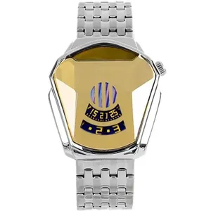 Detail of silver steel watch with triangular gold dial and semi-circular numeric window