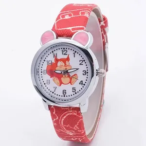 Pink squirrel cartoon watch for kids with silver frame and red patterned leather strap