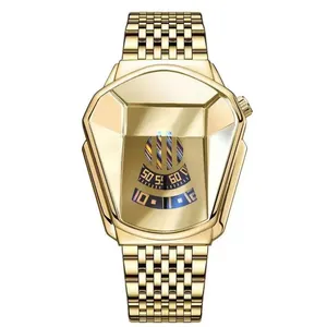 Detail view of gold-tone geometric casing and polished link bracelet on men's watch