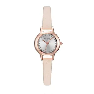 Elegant rose gold women's watch with pink leather strap and floral pattern dial