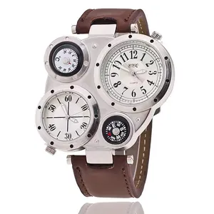 Dual-Uhrwerk Steampunk-Herrenuhr mit Lederarmband, Thermometer und Kompass