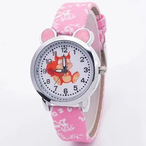 Cute pink squirrel cartoon watch for girls featuring animal ears and silver metal case