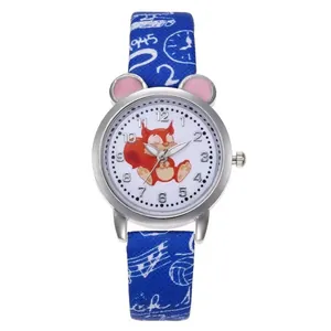 Kids quartz watch with pink ears, blue graffiti strap and cute squirrel dial pattern