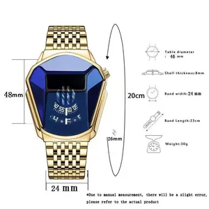 Detailed size chart of a creative gold geometric quartz watch with blue faceted glass