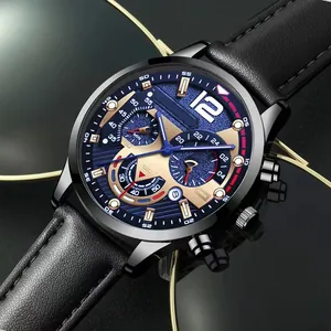 Detail of blue chronograph dial with gold accents and black leather strap for men