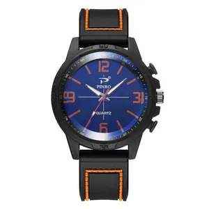 Montre sport pour hommes avec cadran bleu, chiffres orange et bracelet en silicone noir