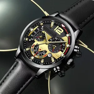 Detailed close-up of a classic black and gold quartz watch with a leather strap and calendar