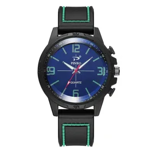 Montre à quartz pour hommes avec cadran bleu, chiffres verts et bracelet en caoutchouc cousu