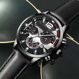 Detailed macro view of black quartz watch face with functional sub-dials and leather strap