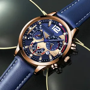 Macro detail of chronograph dial with navy texture and rose gold case on leather watch