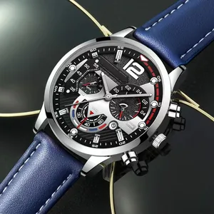 Classic men's quartz watch with blue leather strap and chronograph dial on a dark background