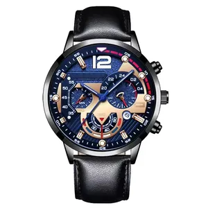Close-up of chronograph dial with blue texture and black leather strap on men's watch