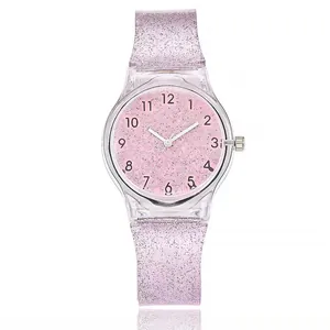 Pink glitter quartz watch for women and students with clear case and Arabic numerals