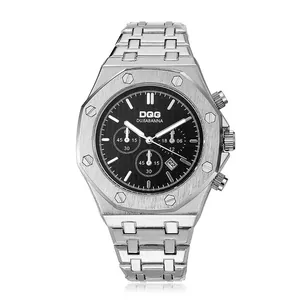 Business quartz watch with silver steel band, octagonal bezel and black textured dial