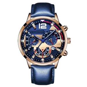 Macro detail of men's chronograph watch featuring a blue leather strap and gold metal case