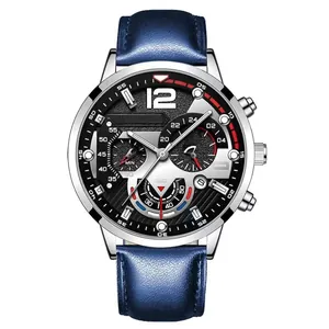 Detail view of business quartz watch with blue leather strap and chronograph sub-dials