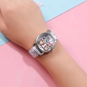 Orologio al quarzo per bambine con quadrante gufo e cinturino in pelle bianca a motivi