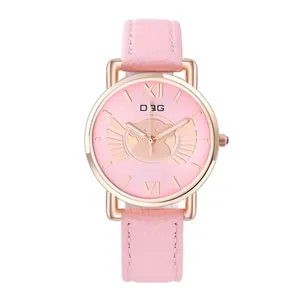 Orologio al quarzo da donna con cinturino in pelle rosa, orsetto e cassa oro rosa