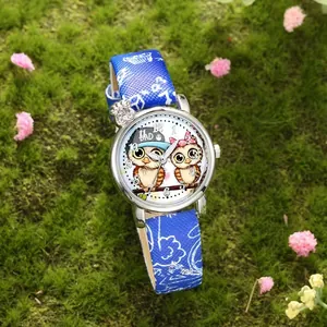 Simpatico Orologio al Quarzo per Bambini con Motivo a Gufo Ciondolo in Strass Cinturino in Pelle Display Analogico per Ragazze