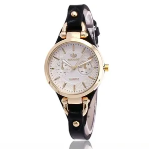 Damen-Quarzuhr in Gold mit schwarzem Lederarmband und strukturiertem Zifferblatt