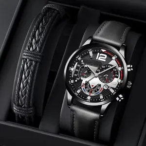 Detailed macro view of business quartz watch with leather strap and woven bracelet